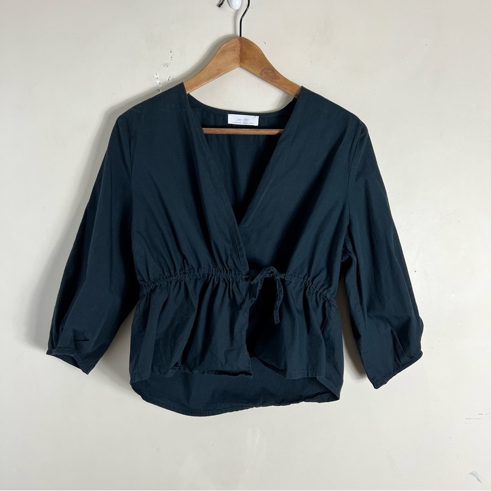 Oak And Fort Navy Blue Faux Wrap Top 100% Cotton Size Small Peplum Feminine